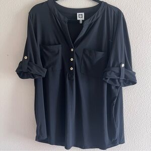 Anne Klein Black Rolled 3/4 Sleeve Blouse Gold Button Detail 1X